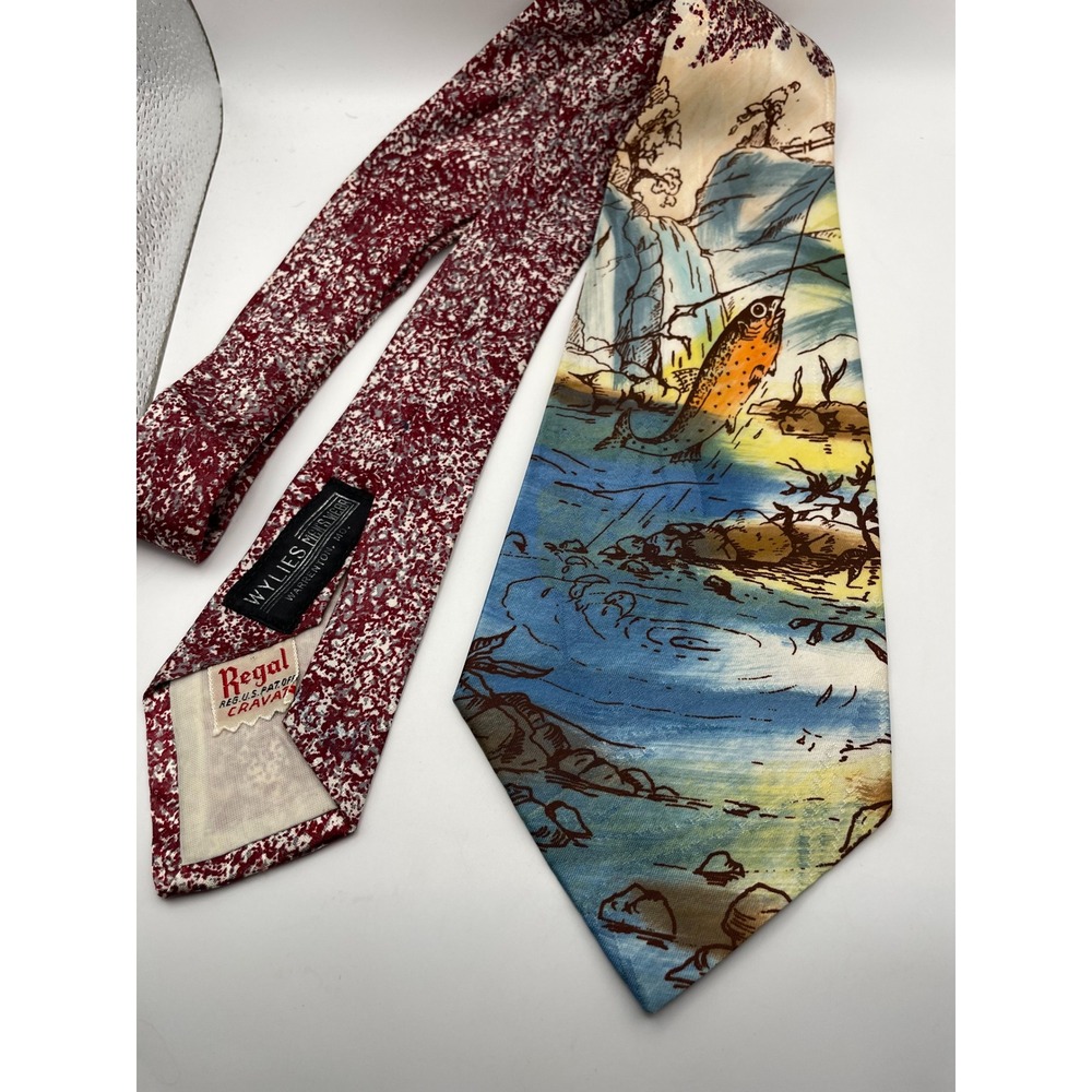 Vintage Regal Cravat Hand Painted Trout Fishing Scene Necktie Burgundy 1950s
